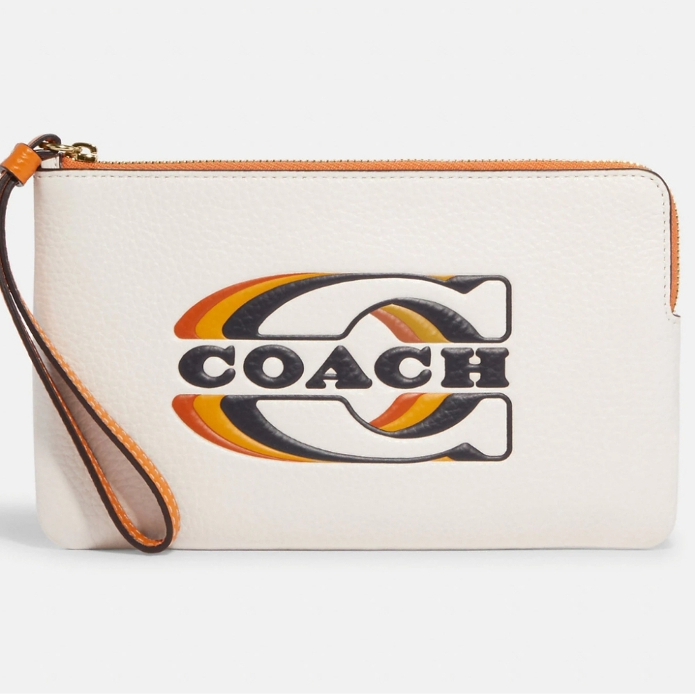 COACH Large corner zip wristlet with Coach stamp. Color: Gold/Khakhi Chalk Multi - Picture 6 of 10